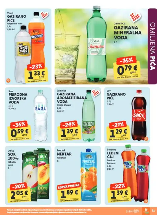 Studenac katalog — stranica 31: Sara PRIRODNA IZVORSKA VODA, Vindi GAZIRANO PIĆE tangerine, tonic, Jamnica GAZIRANA AROMATIZIRANA VODA limeta-kiwano, Studena ĐČAJ breskva, brusnica (vrijedi 23. 09. 2026.–06. 10. 2026.)