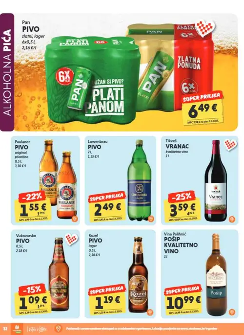 Studenac katalog — stranica 32: Tikveš VRANAC kvalitetno vino 1l, Paulaner PIVO original, pšenično 0,5 l, Pan PIVO zlatni, lager 6x0,5 l, Vukovarsko PIVO 0,5l (vrijedi 23. 09. 2026.–06. 10. 2026.)
