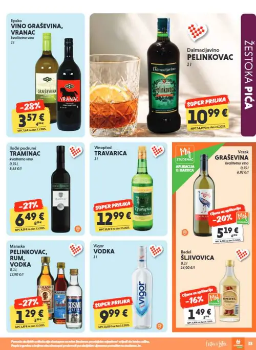 Studenac katalog — stranica 33: Maraska PELINKOVAC, RUM, VODKA, VINO GRAŠEVINA, VRANAC, Dalmacijavino PELINKOVAC, Vigor VODKA (vrijedi 23. 09. 2026.–06. 10. 2026.)