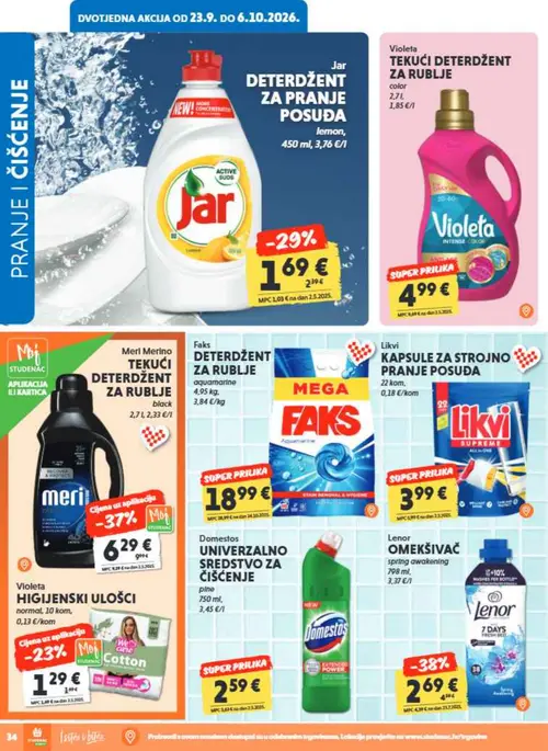 Studenac katalog — stranica 34: Likvi Kapsule za strojno pranje posuđa, Lenor Omekšivač spring awakening, Meril Merino Tekući deterdžent za rublje black, Faks Deterdžent za rublje aquamarine (vrijedi 23. 09. 2026.–06. 10. 2026.)