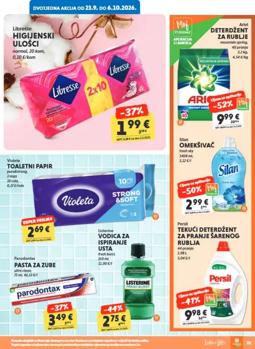 Studenac katalog — stranica 35: Ariel DETERDŽENT ZA RUBLJE mountain spring, 40 pranja, Silan OMEKŠIVAČ fresh sky, Persil TEKUĆI DETERDŽENT ZA PRANJE ŠARENOG RUBLJA, Libresse HIGIJENSKI ULOŠCI normal, 20 kom (vrijedi 23. 09. 2026.–06. 10. 2026.)