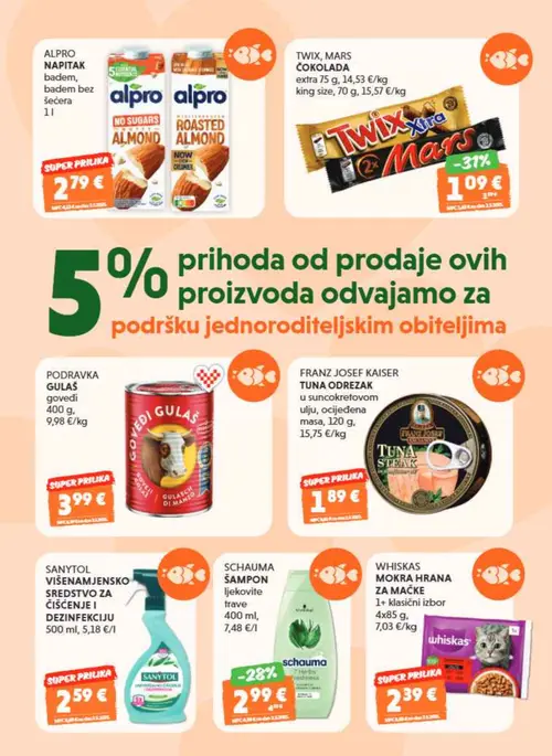 Studenac katalog — stranica 4: SANYTOL VIŠENAMJENSKO SREDSTVO ZA ČIŠĆENJE I DEZINFEKCIJU, FRANZ JOSEF KAISER TUNA ODREZAK u suncokretovom ulju, ocijeđena masa, PODRAVKA GULAŠ goveđi, TWIX, MARS ČOKOLADA (vrijedi 23. 09. 2026.–06. 10. 2026.)