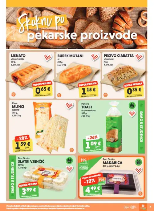Studenac katalog — stranica 7: Klara MLINCI s jajima, PECIVO CIABATTA višezrnata, Panero TOAST sa sjemenkama, BUREK MOTANI sir (vrijedi 23. 09. 2026.–06. 10. 2026.)