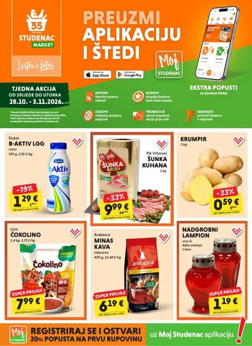 Studenac katalog — stranica 1: KRUMPIR, Lino ČOKOLINO, Pik Vrbovec ŠUNKA KUHANA, NADGROBNI LAMPION (vrijedi 28.10.–03.11.2026.)