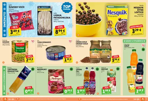 Studenac katalog — stranica 3: Eva TUNA KOMADIĆI u biljnom ulju ocijeđena masa, Jacobs CREMA GOLD CRONAT GOLD instant kava, Bon Gusto MEDENJACI s višnjom, Podravka GRAŠAK ocijeđena masa (vrijedi 28.10.–03.11.2026.)