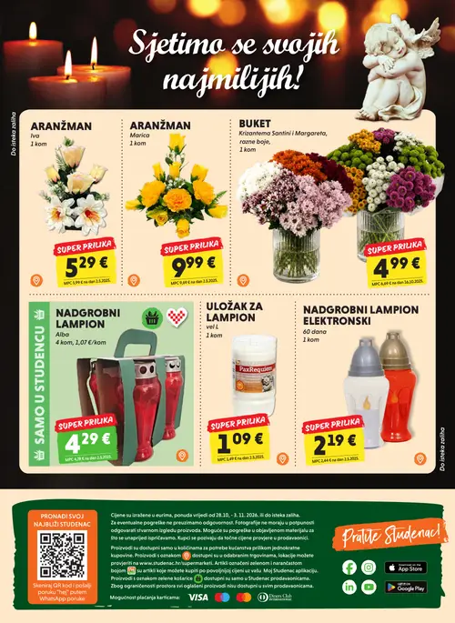 Studenac katalog — stranica 5: ULOŽAK ZA LAMPION, BUKET Krizantema Santini i Margareta, razne boje, ARANŽMAN Iva, NADGROBNI LAMPION Alba (vrijedi 28.10.–03.11.2026.)