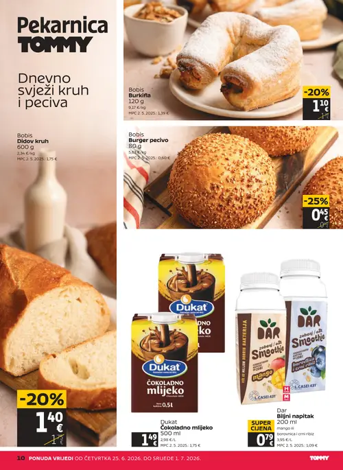 Tommy katalog — stranica 10: Dar Dar Biljni napitak, Dukat Dukat Čokoladno mlijeko, Dukat Dukat Čokoladno mlijeko, Bobis Bobis Burger pecivo (vrijedi 25. 06. 2026.–01. 07. 2026.)