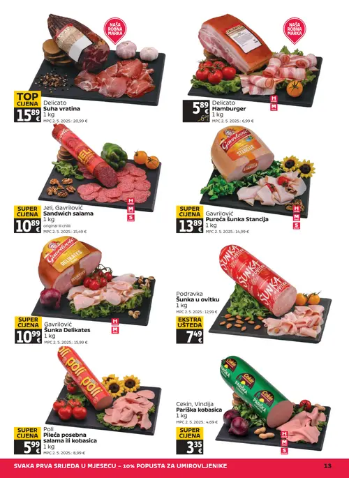 Tommy katalog — stranica 13: Poli Poli Pileća posebna salama ili kobasica, Gavrilović Gavrilović Šunka Delikates, Gavrilović Jeli, Gavrilović Sandwich salama, Cekin Cekin, Vindija Pariška kobasica (vrijedi 25. 06. 2026.–01. 07. 2026.)