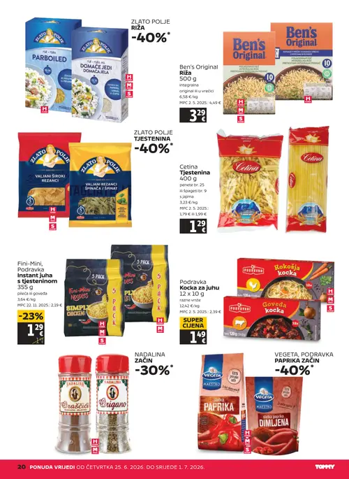 Tommy katalog — stranica 20: Fini-Mini, Podravka Instant juha s tjesteninom, Podravka Kocka za juhu, Cetina Tjestenina, Zlato Polje Riža Parboiled (vrijedi 25. 06. 2026.–01. 07. 2026.)