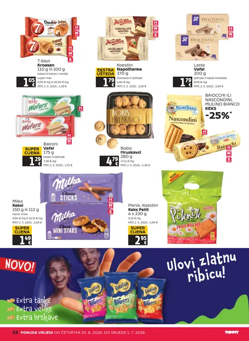 Tommy katalog — stranica 22: Koestlin Koestlin Napolitanke, Piknik, Koestlin Piknik, Koestlin Keks Petit, Milka Milka Keksi, Lasta Lasta Vafel (vrijedi 25. 06. 2026.–01. 07. 2026.)