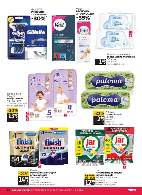Tommy katalog — stranica 28: Jar Jar Deterdžent za strojno pranje posuđa, Paloma Paloma Toaletni papir, Finish Finish Deterdžent za strojno pranje posuđa, Double care Double care, Violeta Dječje pelene (vrijedi 25. 06. 2026.–01. 07. 2026.)