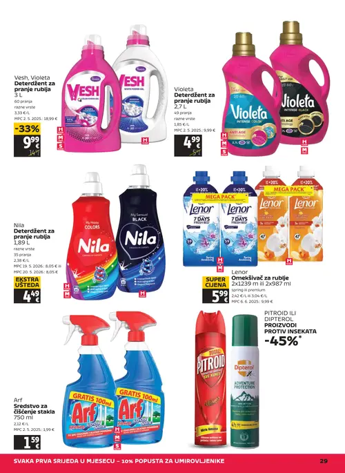 Tommy katalog — stranica 29: Nila Nila Deterdžent za pranje rublja 1,89 L, Lenor Lenor Omekšivač za rublje 2x1239 ml i 2x987 ml, Vesh, Violeta Vesh, Violeta Deterdžent za pranje rublja 3 L, Arf Arf Sredstvo za čišćenje stakla 750 ml (vrijedi 25. 06. 2026.–01. 07. 2026.)