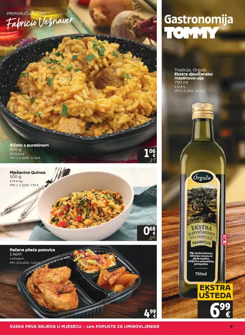 Tommy katalog — stranica 9: Rižoto s puretinom, Mješavina Quinoa, Orgula Ekstra djevicansko maslinovo ulje, Pečena pileća polovica (vrijedi 25. 06. 2026.–01. 07. 2026.)