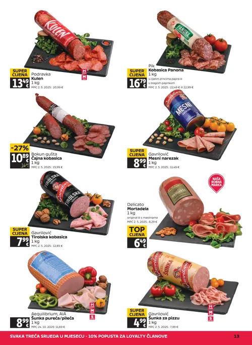Tommy katalog — stranica 13: Gavriloć Gavriloć Tirolska kobasica, Gavriloć Gavriloć Šunka za pizzu, Podravka Podravka Kulen, Bokun gušta čajna kobasica (vrijedi 09. 07. 2026.–15. 07. 2026.)