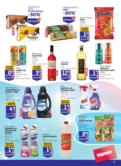 Tommy katalog — stranica 3: Meri Merino Deterdžent za pranje rublja, Friskies, Purina Hrana za pse, Meteor Solna kiselina, Domestos Sredstvo za čišćenje WC školjke (vrijedi 09. 07. 2026.–15. 07. 2026.)