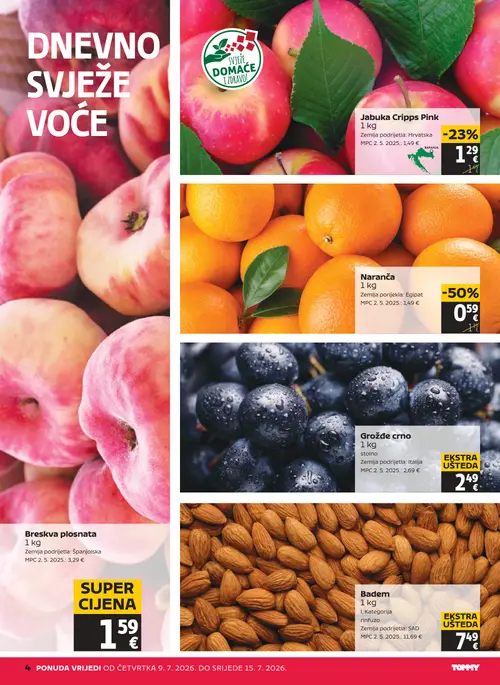 Tommy katalog — stranica 4: Naranča, Jabuka Cripps Pink, Badem, Breskva plosnata (vrijedi 09. 07. 2026.–15. 07. 2026.)