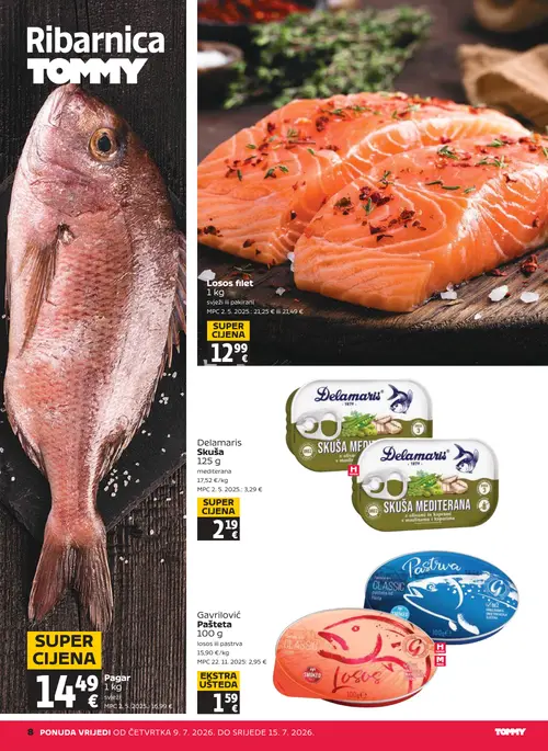 Tommy katalog — stranica 8: Gavrilo Losos ili pastrva pašteta, Losos filet, Delamaris Skusa mediterana, Pagar (vrijedi 09. 07. 2026.–15. 07. 2026.)