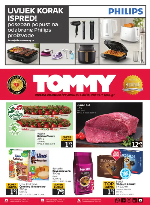 Tommy katalog — stranica 1: Rajčica Cherry, Juneći but, Lino Lino Podravka Čokolino ili Keksolino, Barcaffè Kava mljevena (vrijedi 23. 07. 2026.–29. 07. 2026.)