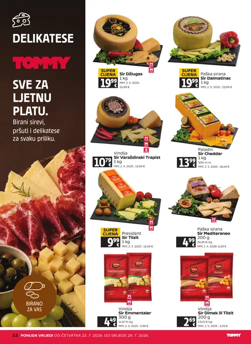 Tommy katalog — stranica 12: President Sir Tilzit, Vindija Sir Emmentaler, Paladin Sir Cheddar, Vindija Sir Varaždinski Trapist (vrijedi 23. 07. 2026.–29. 07. 2026.)