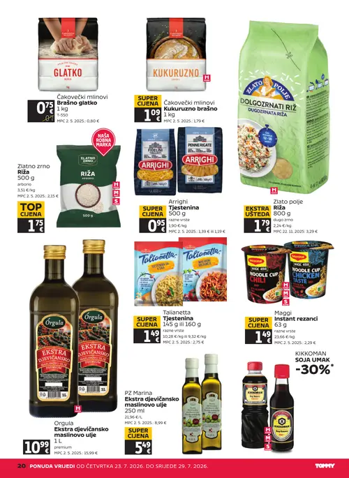Tommy katalog — stranica 20: Talianetta Tjestenina, Zlato polje Riža dugo zrno, Čakovečki mlinovi Kukuruzno brašno, PZ Marina Ekstra djevicansko maslinovo ulje (vrijedi 23. 07. 2026.–29. 07. 2026.)