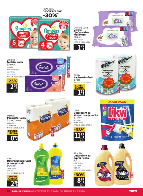 Tommy katalog — stranica 28: Perfex Perfex Papirnati ručnik, Likvi Likvi Deterdžent za strojno pranje rublja, Woolite Woolite Deterdžent za pranje rublja, Daisy Daisy Papirnati ručnik (vrijedi 23. 07. 2026.–29. 07. 2026.)