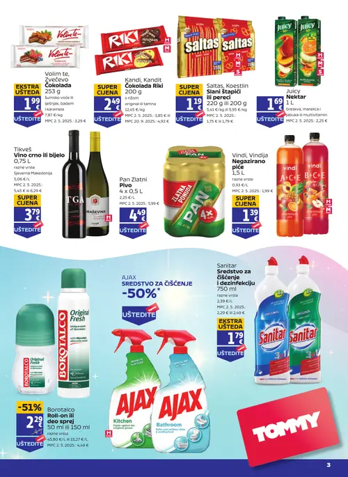 Tommy katalog — stranica 3: Borotalco Borotalco Roll-on ili deo sprej, Kandi, Kandit Čokolada Riki, Tikveš Vino crno ili bijelo, Volim te, Zvečevo Čokolada (vrijedi 23. 07. 2026.–29. 07. 2026.)