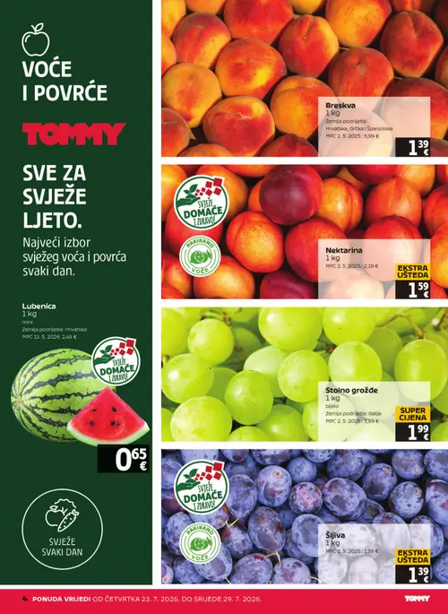 Tommy katalog — stranica 4: Breskva, Nektarina, Lubeniica, Stolno grožđe (vrijedi 23. 07. 2026.–29. 07. 2026.)