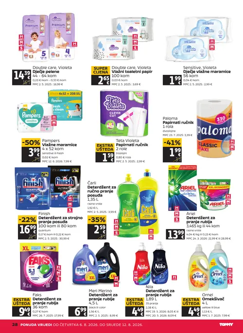 Tommy katalog — stranica 28: Pampers Vlažne maramice, Faks Deterdžent za pranje rublja, Teta Violeta Papirnati ručnik, Nila Deterdžent za pranje rublja (vrijedi 06. 08. 2026.–12. 08. 2026.)