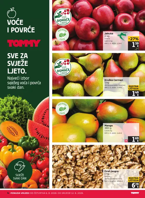 Tommy katalog — stranica 4: Orah jezgra, HIPER Mango, Jabuka crvena, Kruška Carmen (vrijedi 06. 08. 2026.–12. 08. 2026.)