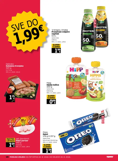 Tommy katalog — stranica 16: Jeli, Gavrilović Pileći parizer, Oreo Keksi, Delicato Kobasica Kranjska, 'z bregov, Vindija Proteinski Mliječni Napitak (vrijedi 20. 08. 2026.–26. 08. 2026.)