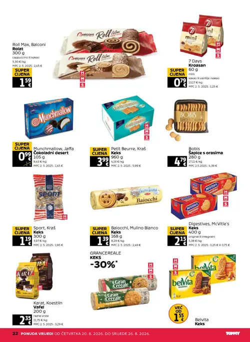 Tommy katalog — stranica 22: Mulino Bianco Baiocchi, Mulino Bianco Keks, McVitie's Digestives, McVitie's Keks, Kraš Sport, Kraš Keks, Kraš Petit Beurre, Kraš Keks (vrijedi 20. 08. 2026.–26. 08. 2026.)