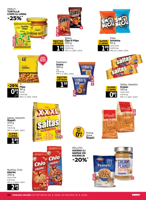 Tommy katalog — stranica 24: Patos Patos Čips ili Flips, Elephant Elephant Snack, Saltas, Koestlin Saltas, Koestlin Kreker, Saltas, Koestlin Saltas, Koestlin Štapići (vrijedi 20. 08. 2026.–26. 08. 2026.)
