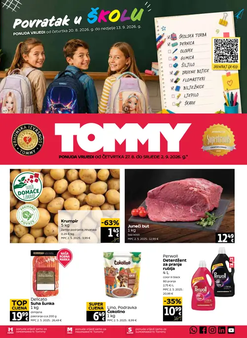 Tommy katalog — stranica 1: Krumpir, Perwoll Perwoll, Lino, Podravka Lino, Podravka Čokolino, Delicato Delicato Suha šunka (vrijedi 27. 08. 2026.–02. 09. 2026.)