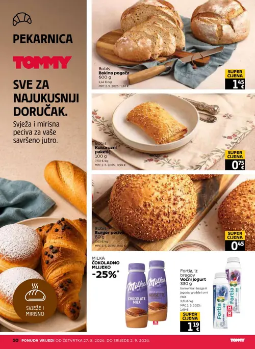 Tommy katalog — stranica 10: Bobis Bobis Bakina pogača, Bobis Bobis Kukuruzni paketić, Bobis Bobis Burger pecivo, Fortia Fortia, 'z bregov Voćni jogurt (vrijedi 27. 08. 2026.–02. 09. 2026.)