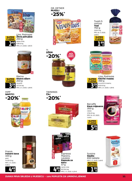 Tommy katalog — stranica 11: Sussina Sussina Sladilo, Marina Marina Ekstra džem, Lino Lino, Podravka Kikiriki maslac, Tvojih 5 minuta Tost (vrijedi 27. 08. 2026.–02. 09. 2026.)