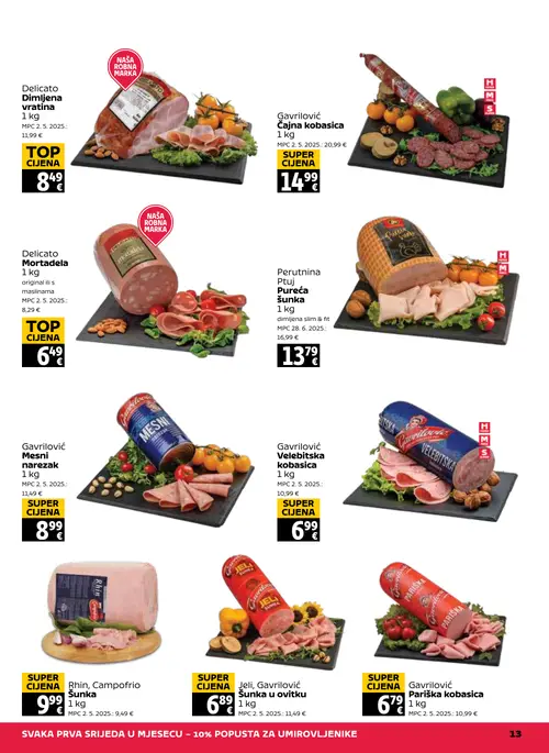 Tommy katalog — stranica 13: Delicato Dimljena vratina, Gavrlović Gavrlović Čajna kobasica, Delicato Mortadela, Perutnina Ptuj Perutnina Ptuj Pureća šunka (vrijedi 27. 08. 2026.–02. 09. 2026.)