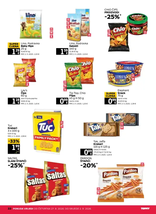 Tommy katalog — stranica 22: Tuc Krekere, Lino Lino Baby flips, Lino Lino Keksići, Lay's Lay's Čips (vrijedi 27. 08. 2026.–02. 09. 2026.)