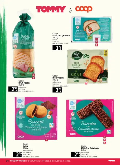 Tommy katalog — stranica 24: Coop Coop Kruh bez glutena, Coop Coop Kruh rezani, Coop Coop Bio dvopek, Coop Coop Keks (vrijedi 27. 08. 2026.–02. 09. 2026.)