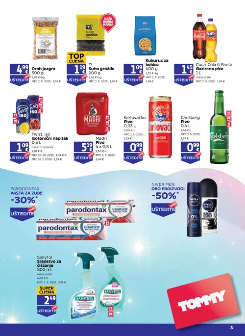 Tommy katalog — stranica 3: Twist, Iso Izotočni napitak, Orah jezgra, T! Suho grožđe, Kukuruz za kokice (vrijedi 27. 08. 2026.–02. 09. 2026.)