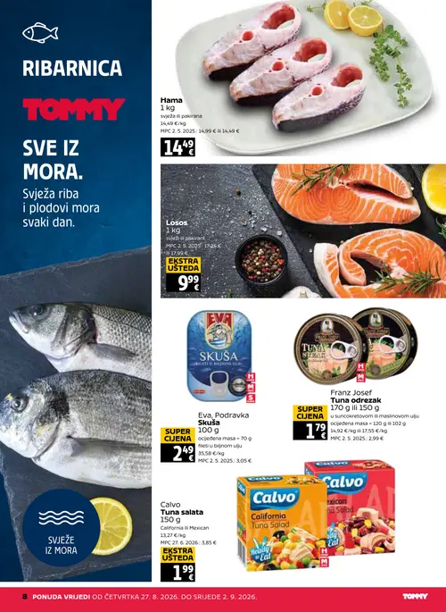 Tommy katalog — stranica 8: Hama, Losos, Eva, Podravka Skuša fileti u biljnom ulju, Franz Josef Tuna odrezak (vrijedi 27. 08. 2026.–02. 09. 2026.)