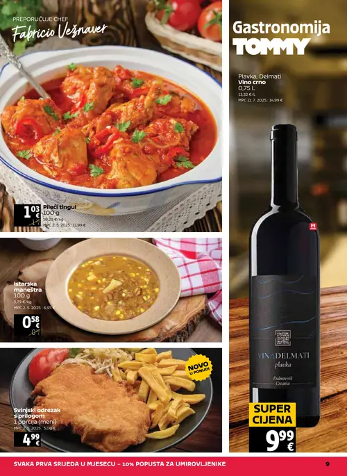 Tommy katalog — stranica 9: Pileći tingul, Istarska maneštra, Plavka, Delmati Vino crno, Svinjski odrezak s prilogom (vrijedi 27. 08. 2026.–02. 09. 2026.)