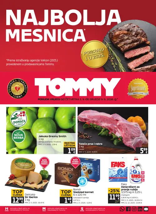 Tommy katalog — stranica 1: Faks Deterdžent za pranje rublja 3,575 kg ili 3,25 L, Delicato Sir Iberico 1 kg, Jabuka Granny Smith 1 kg, Teleća prsa i rebra 1 kg (vrijedi 03. 09. 2026.–09. 09. 2026.)