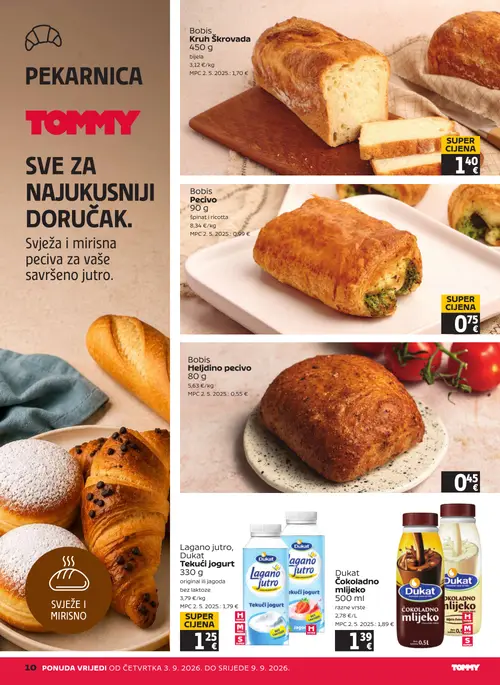 Tommy katalog — stranica 10: Bobis Kruh Škrovada, Bobis Pecivo, Bobis Heljdino pecivo, Dukat Lagano jutro, Dukat Tekući jogurt (vrijedi 03. 09. 2026.–09. 09. 2026.)