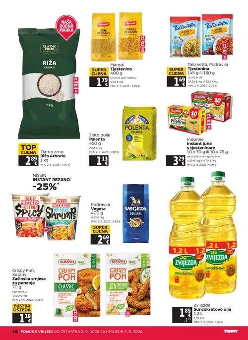 Tommy katalog — stranica 18: Talianetta, Podravka Tjestenina razne vrste, Crispy Poh, Kotanyi Začinska smjesa za pohanje, Zlatno zrno Riža Arborio, Marodi Tjestenina (vrijedi 03. 09. 2026.–09. 09. 2026.)