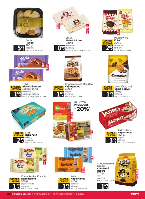Tommy katalog — stranica 20: Koestlin Voćne kocke, Koestlin Napolitanke, Kraš Napolitanke, Bobis Rafiolli, Adria Rahat lokum (vrijedi 03. 09. 2026.–09. 09. 2026.)