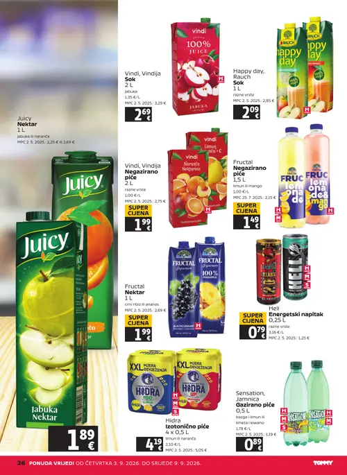 Tommy katalog — stranica 26: Hell Energetski napitak, Fructal Negazirano piće, Vindi, Vindija Negazirano piće, Rauch Happy day, Rauch Sok (vrijedi 03. 09. 2026.–09. 09. 2026.)
