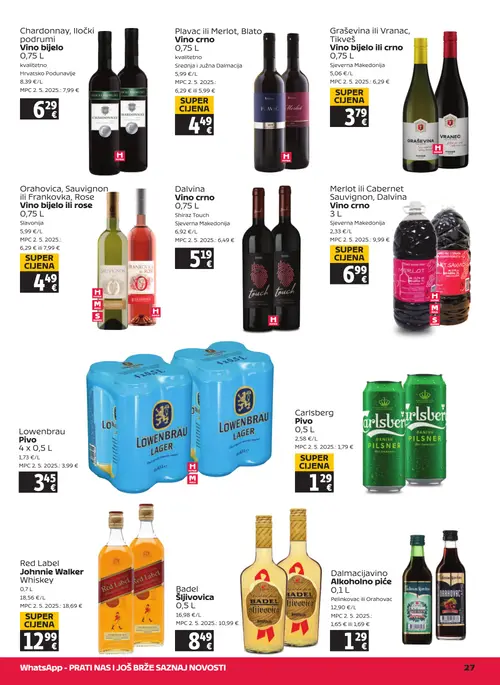 Tommy katalog — stranica 27: Orahovica, Sauvignon ili Frankovka, Rose Vino bijelo ili rose 0,75 L, Graševina ili Vranac, Tikveš Vino bijelo ili crno 0,75 L, Red Label Johnnie Walker Whiskey 0,7 L, Merlot ili Cabernet Sauvignon, Dalvina Vino crno 3 L (vrijedi 03. 09. 2026.–09. 09. 2026.)