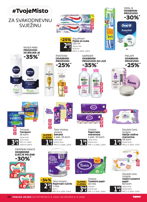 Tommy katalog — stranica 28: Teta Violeta Papirnati ručnik, Aquafresh Pasta za zube, Oral-B Essential FLOSS, NIVEA MEN SENSITIVE SHAVING FOAM (vrijedi 03. 09. 2026.–09. 09. 2026.)