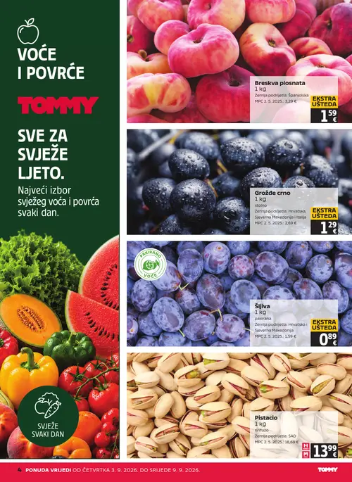 Tommy katalog — stranica 4: Grožđe crno, Breskva plosnata, Šljiva, Pistacio (vrijedi 03. 09. 2026.–09. 09. 2026.)