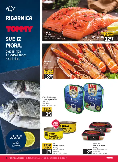 Tommy katalog — stranica 8: Eva, Podravka Tuna s povrćem, Losos svježi ili pakirani, T! Tuna salata Western ili Mexico, Škampi svježi (vrijedi 03. 09. 2026.–09. 09. 2026.)